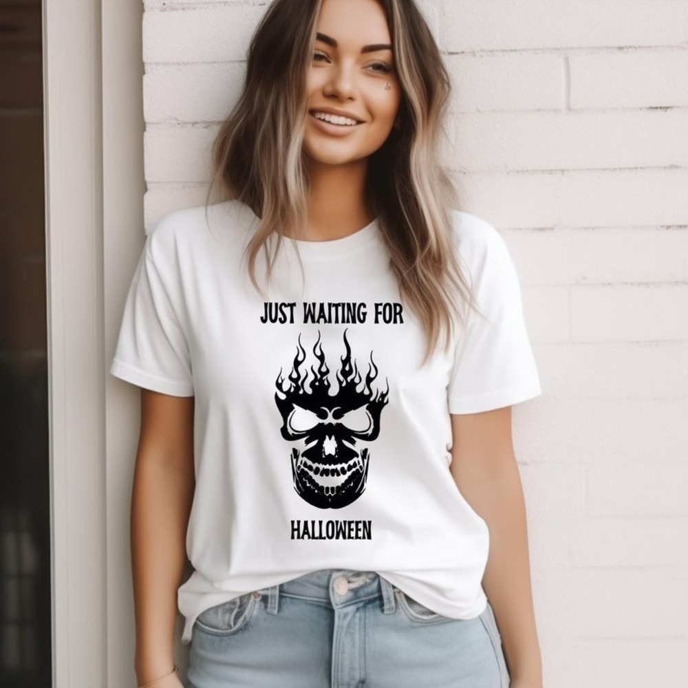 Just Waiting For Halloween Fun Skull Shirt Spooky Season Shirt